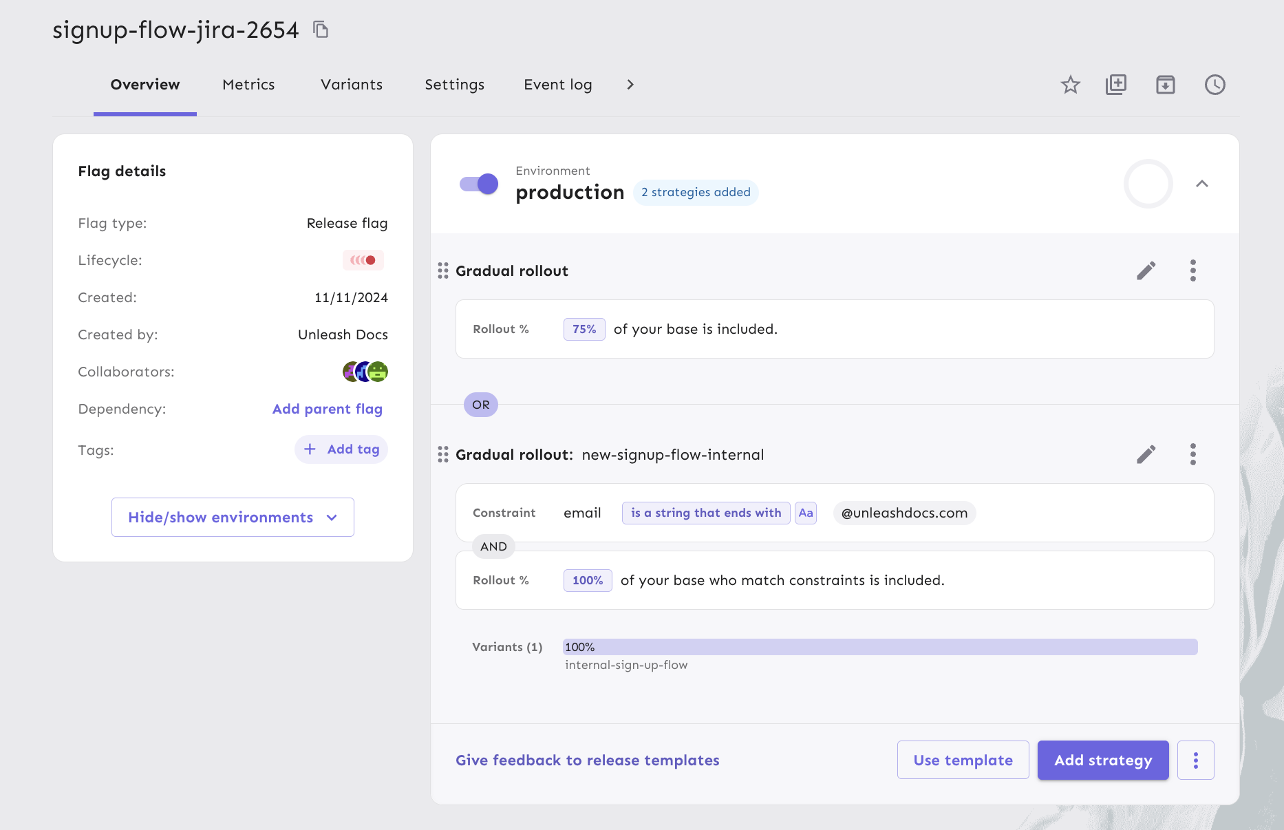 A feature flag with two strategies